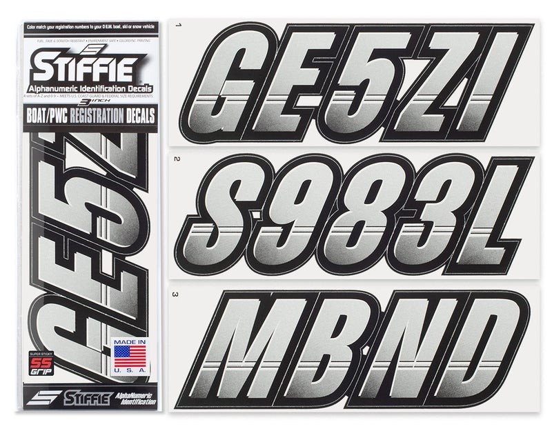 STIFFIE Techtron Metallic Silver/Black 3â€ Super Sticky Boat & PWC Registration Decals â€¢ Numbers Letters Stickers - Image 1